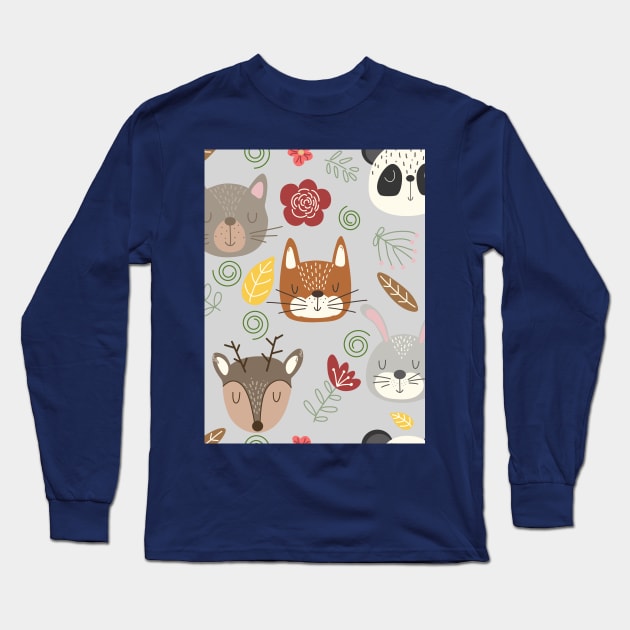 Woodland animals kids pattern grey background Long Sleeve T-Shirt by Arch4Design